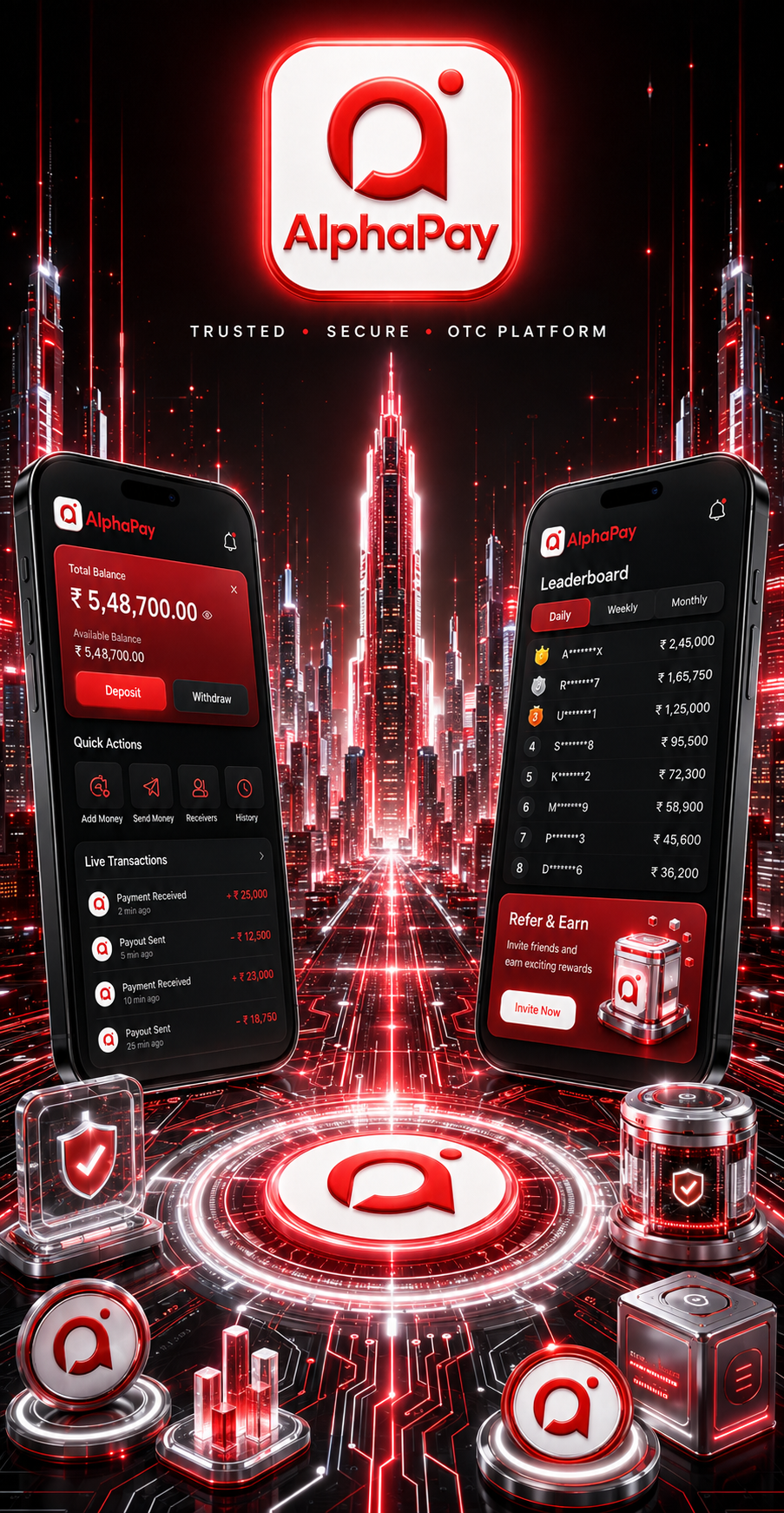 AlphaPay promotional illustration with two phones in a red city